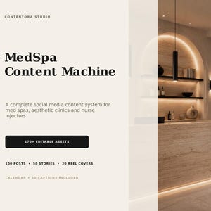 Peut inclure: Un pack de ressources marketing numériques intitulé MedSpa Content Machine par Contentora Studio. Le texte indique 170+ ressources modifiables, 100 publications, 50 stories, 20 couvertures de reels et un calendrier avec 50 légendes incluses.