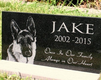 Pet Grave Marker with Custom Photo Black Granite Memorial Engraved Stone 6 x 12" wide or 12 x 11 Heavy Base Stand Outdoor Indoor