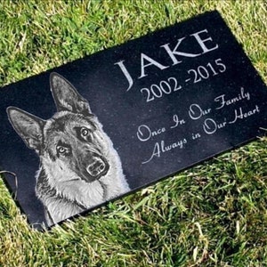 Pet Grave Marker with Custom Photo Black Granite Memorial Engraved Stone 6 x 12&quot; wide or 12 x 11&quot; Heavy Base Stand Outdoor/Indoor Upright