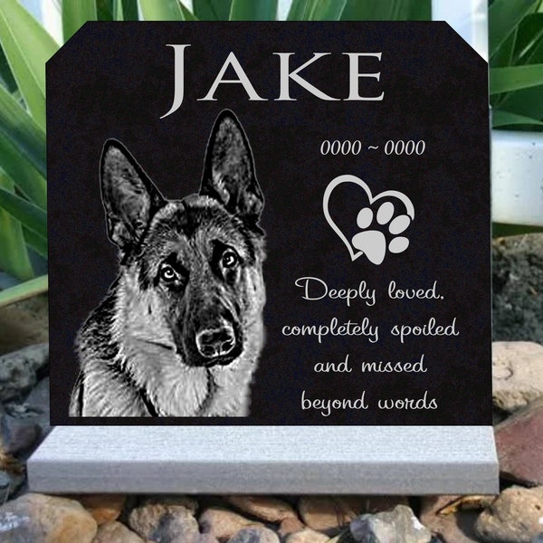 Pet Grave Marker with Custom Photo Black Granite Memorial Engraved Stone 6 x 12" wide or 12 x 11 Heavy Base Stand Outdoor Indoor