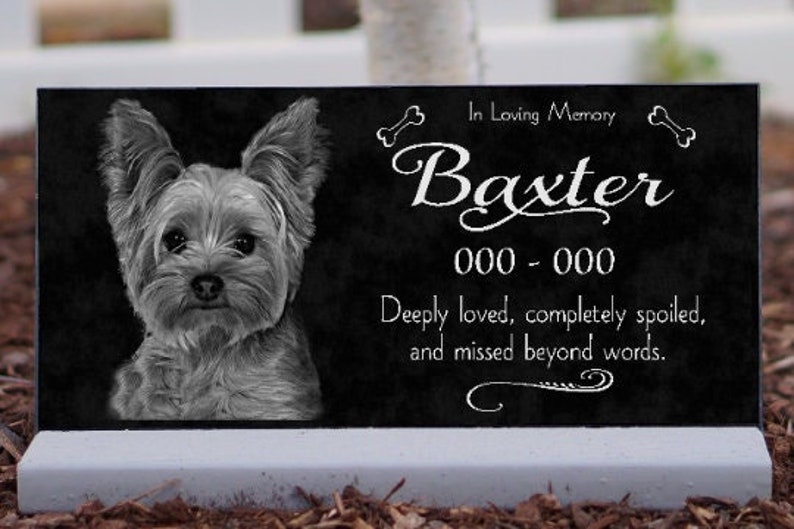 Personalized Upright Pet Memorial Stone Cat Dog Custom Photo Grave Marker Granite Opt. Indoor-Outdoor Base Stand Your Pet's Photo. image 1