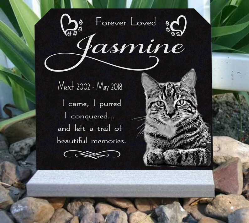 Personalized Upright Pet Memorial Stone Cat Dog Custom Photo Grave Marker Granite Opt. Indoor-Outdoor Base Stand Your Pet's Photo. image 4