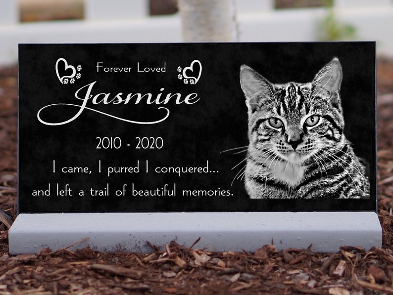 Personalized Upright Pet Memorial Stone Cat Dog Custom Photo Grave Marker Granite Opt. Indoor-Outdoor Base Stand Your Pet's Photo. image 3