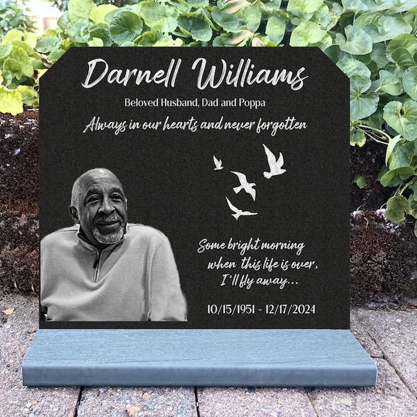 Lápida conmemorativa personalizada de granito grabado, marcador de tumba asequible, foto personalizada, lápida familiar para interiores y exteriores.