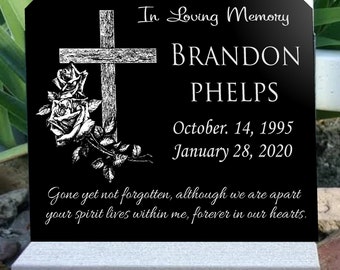 Affordable Memorial Headstone Traditional Upright Granite Engraved Monument With Cross and Roses Base Stand Temporary Grave Marker