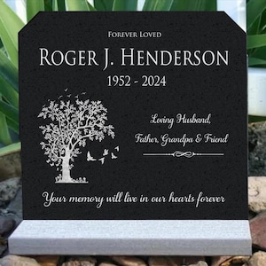 Human Memorial Stone | Engraved Granite Grave Marker |  Upright Tombstone | Granite Tombstone | Trees and Birds