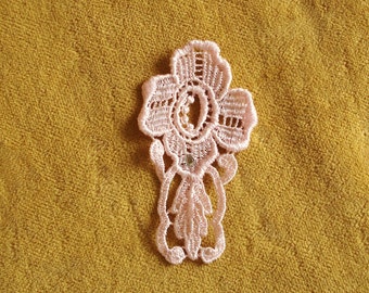 Venice Lace Embroidery Appliqués in Pink Color With Rhinestone.