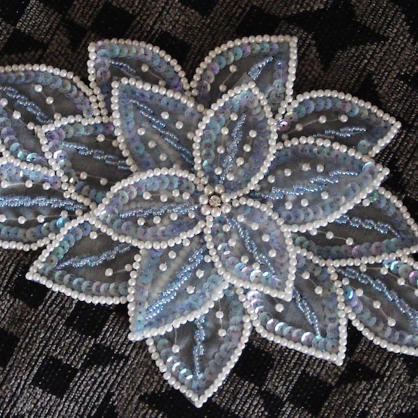 Bead And Sequin Baby Blue Applique With Faux White Pearl On Organza Fabric.