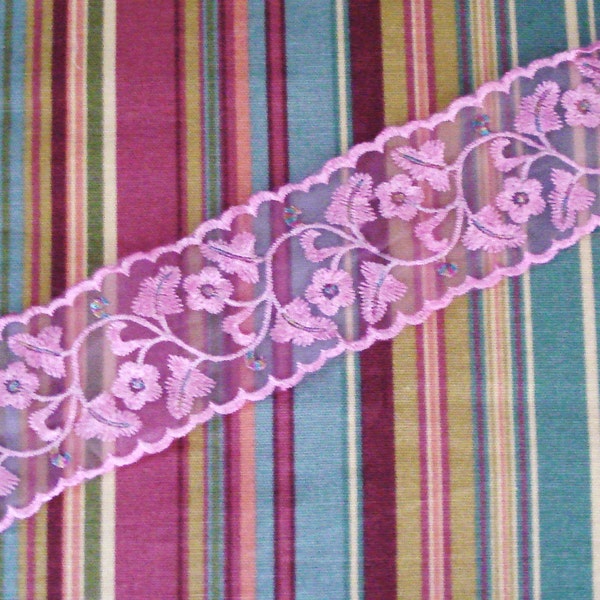 Pink Venice Lace Embroidery Trim On Pink Organza Fabric 2 3/4 Inches Wide.