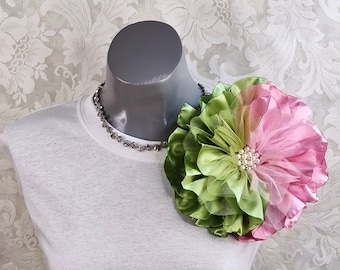 Large Green and Pink Satin Corsage
