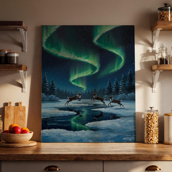 Canvaskunst noorderlicht, muurdecoratie winterrendierscène voor woonkamer, gezellige hut esthetiek en seizoensgebonden op de natuur geïnspireerd huisontwerp