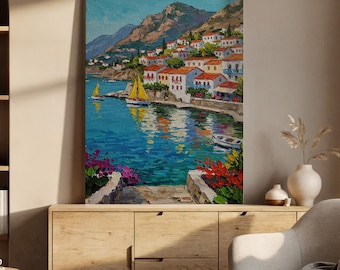 Coastal Village View Canvas, Mediterranean Harbor Painting