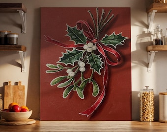 May include: A painting of a sprig of holly and mistletoe with white berries and a red ribbon against a red background. The holly leaves are green with white edges. The mistletoe leaves are green. The ribbon is a deep red.