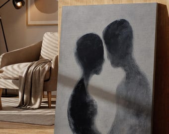 Abstract Couple Silhouette Canvas Art, Minimal Romantic Love Illustration, Soft Neutral Wall Decor for Bedroom Living Room Modern Home