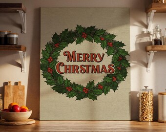 Festive Christmas Wreath Canvas Art, Holiday Home Decor