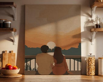 Lienzo con pareja al atardecer, ilustración romántica de una tarde junto al lago, decoración minimalista de pared con escena de amor para el dormitorio y la sala de estar.