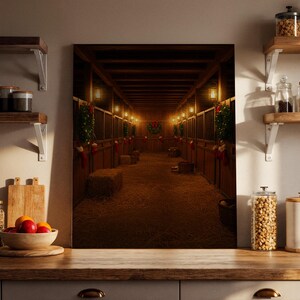 May include: A framed print of a horse stable interior, decorated for Christmas. The scene features hay bales, Christmas stockings, and wreaths, with warm lighting from lanterns and string lights. The overall color palette is warm, with browns, reds, and greens.