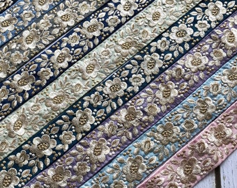 Bordure en dentelle indienne sari par yard, bordure brodée en tissu sari, bordure en tissu artistique pour courtepointe bordure en sari ruban de soie