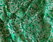 Half Yard-GREEN Embroidered Net Fabric-Wedding Lehenga-Blue Flowers-Bag,Dupatta,Table Runner,Art Quilt-Glitter Fabric-India Sari Fabric