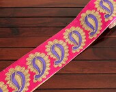 1 Yard Pink Embroidered Trim on Golden Zari Fabric-Silk Sari Border-Golden Paisley Design-Crazy Quilt Fabric Trim Ribbon By The Yard