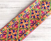 Pink Bohemian Fabric Trim-Art Quilt Table Runner-Embroidered Silk Sari Ribbon Border-Silk Sari Fabric-India Fabric Trim By The Yard