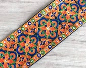 Dark Blue Bohemian Fabric Trim-Art Quilt Table Runner-Embroidered Silk Sari Ribbon Border-Silk Sari Fabric-India Fabric Trim By The Yard