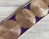 Purple Silk Fabric Trim-Golden Thread Embroidered Circles-SariBorder-Handbags Table Runner Quilts-Traditional Indian Silk Sari Fabric Trim