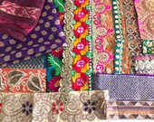 Fabric remnants, sari fabric scraps, silk fabric scraps, sari trim remnants, saree border remnants, Assorted Silk Trims for DIY Junk Journal