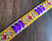 Saree Border Indian Gold Lace Trim By The Yard, boho embroidered Ribbon Silk Sari Fabric Trim Table Runner, Art Quilt fabric Sari Border