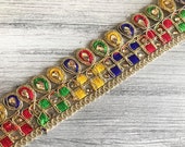Gold Organza Fabric Trim-Multi Colour Embroidered Sari Border-Silk Sari Fabric-Dupattas,Quilt Silk Ribbon-Indian Fabric-Table Runner-Lehenga