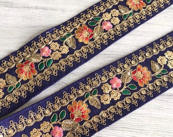 FabStitchIN Golden Embroidered Floral Trim Indian Sari Fabric Trim Saree Border Lehenga Sari Border Boho Skirt Art Quilt Fabric