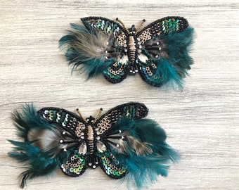 1 piece Peacock Design Hand Embroidered Fabric Applique-Sew-on Beaded Sequins Appliques-Beautify scrap book sewing project-Crazy Quilting