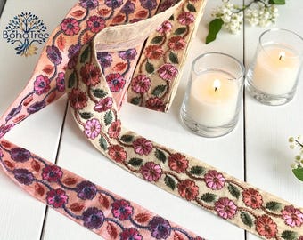 Haftowana indyjska lamówka kwiatowa, jedwabna wstążka do sari, bordiura do kostiumu