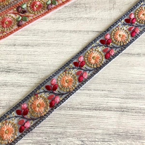 Floral Net Fabric Trim-Multi Colour Embroidered Sari Border-Silk Sari Fabric-Dupattas,Quilt Silk Ribbon-Indian Fabric-Table Runner-Lehengas Gray