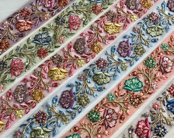 Floral Net Fabric Trim-Multi Color Geborduurde Sari Border-Zijde Sari Stof-Dupattas, Quilt Zijden Lint-Indische Stof-Tafelloper-Lehenga's