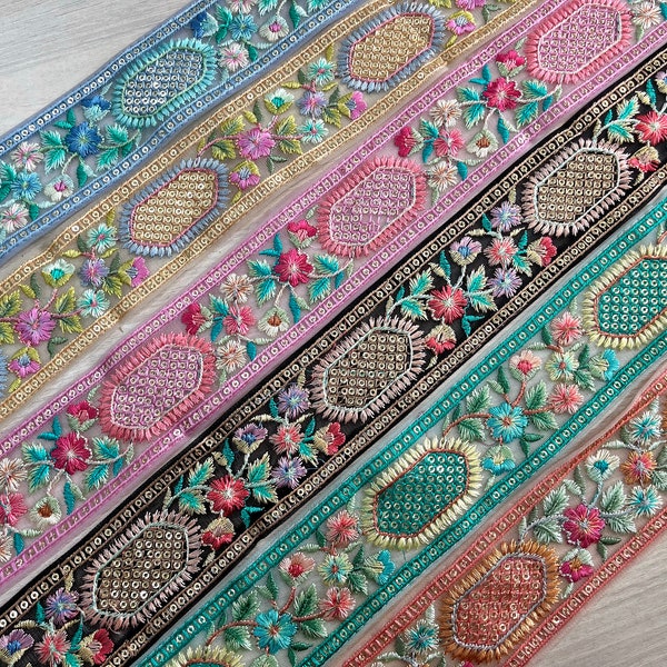 Embroidered Net Fabric Lace-Floral Fabric Trim, Wedding Dress, Sari Border, Saree Fabric, Art Quilt, Indian Trim By The Yard, Table Runner