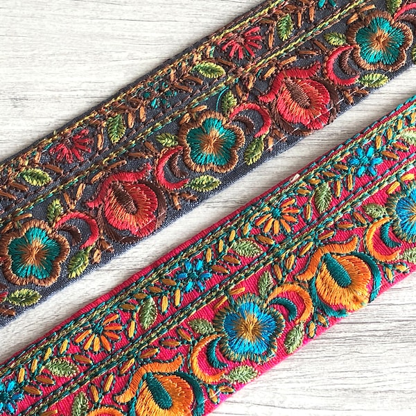 Floral Fabric Trim-Multi Colour Embroidered Sari Border-Silk Sari Fabric, Silk Ribbon-Indian Fabric, Bohemian Wedding Dress, Boho Journal