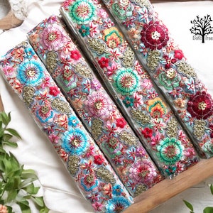 Saree Border Indian Lace Trim cortado a medida, cinta bordada Organza tela Trim-Table Runner-Art Quilt tela trim Sari Border Silk Fabric
