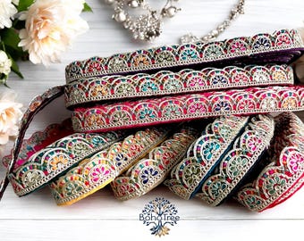 Wykończenie tkaniny Sari - wielokolorowe haftowane obramowanie Saree do Dupattas - haftowana koronka - bieżnik stołowy - lehengas - spódnice