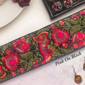 Saree Border Indian Lace Trim By The Yard, embroidered Ribbon Sari Fabric Trim-Table Runner-Art Quilt fabric trim Sari Border Silk Fabric Pink On Black