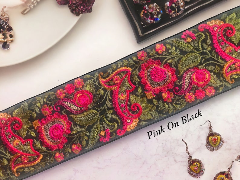 Saree Border Indian Lace Trim By The Yard, embroidered Ribbon Sari Fabric Trim-Table Runner-Art Quilt fabric trim Sari Border Silk Fabric Pink On Black