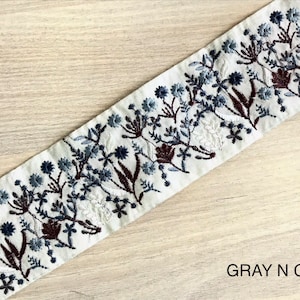 Embroidered Sari Fabric Trim Ribbon for boho clothing, Wedding Dress, Sari Border, Saree Border, Indian Trim By The Yard, Table Runner Gray N Gray