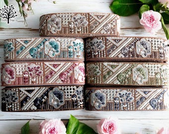 Haftowana bordiura z kwiatowym wzorem do sari, indyjska koronka, tkanina do patchworku artystycznego