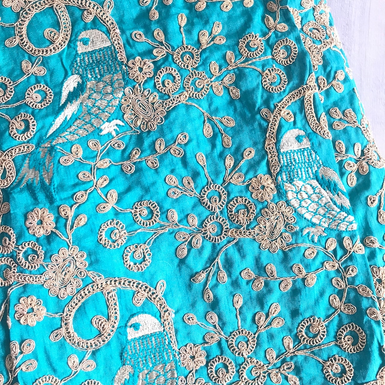 Half Yard-Green Sequins Embroidered Raw Silk Fabric-Green Silk Sari Fabric-Table Runner-Art Quilts-Embroidered Bags-Crazy Quilt-Dupin Silk