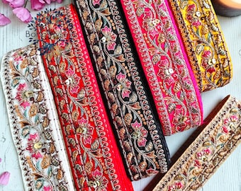 Embroidered Floral Raw Silk Trim, Indian Saree Border, Fabric Lace