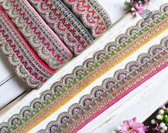 Boho veelkleurige geborduurde rand geborduurde zijden sari stof rand-zijden lint-doe-het-zelf boho tafelloper quilts Indiaas textiel