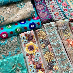 Fabric remnants, sari fabric scraps, silk fabric scraps, sari trim remnants, saree border remnants, Assorted Silk Trims for DIY Junk Journal Teal & Mint