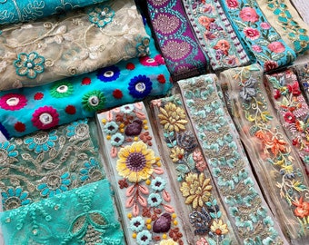 Fabric remnants, sari fabric scraps, silk fabric scraps, sari trim remnants, saree border remnants, Assorted Silk Trims for DIY Junk Journal