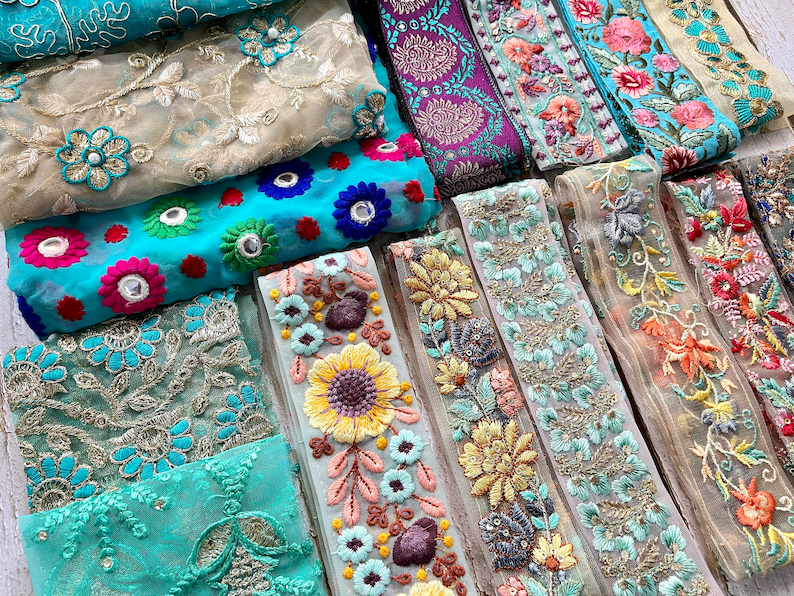 Fabric remnants, sari fabric scraps, silk fabric scraps, sari trim remnants, saree border remnants, Assorted Silk Trims for DIY Junk Journal Teal & Mint