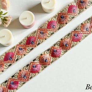 Embroidered Silk Sari Ribbon Trim - Bohemian Fabric Border for Diy crafts , wedding dress, boho skirts, fusion jackets Beige